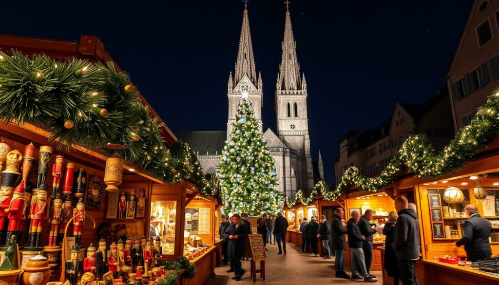Handwerk und Kunsthandwerk Aachener Weihnachtsmarkt: A bustling holiday market in a picturesque German town, with wooden stalls filled with artisanal crafts and local specialties. In the foreground, a cluster of hand-carved nutcrackers and ornaments catch the warm glow of fairy lights. In the middle ground, skilled artisans demonstrate their techniques, from pottery throwing to glass blowing. In the background, a towering Christmas tree adorned with glittering decorations stands against the backdrop of a historic cathedral, its steeple reaching towards the starry night sky. The scene is imbued with a cozy, festive atmosphere, inviting visitors to immerse themselves in the traditions of Handwerk and Kunsthandwerk.