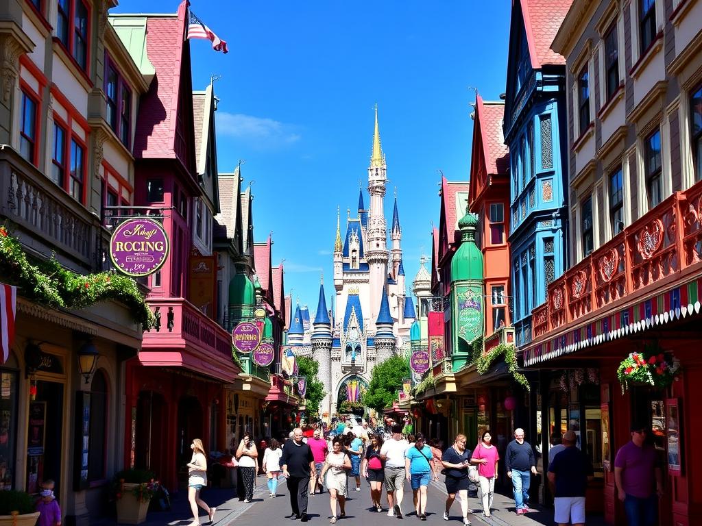 Hauptstraße im Disneyland Park mit bunten Geschäften und dem Schloss im Hintergrund Hauptstraße im Disneyland Park mit bunten Geschäften und dem Schloss im Hintergrund
