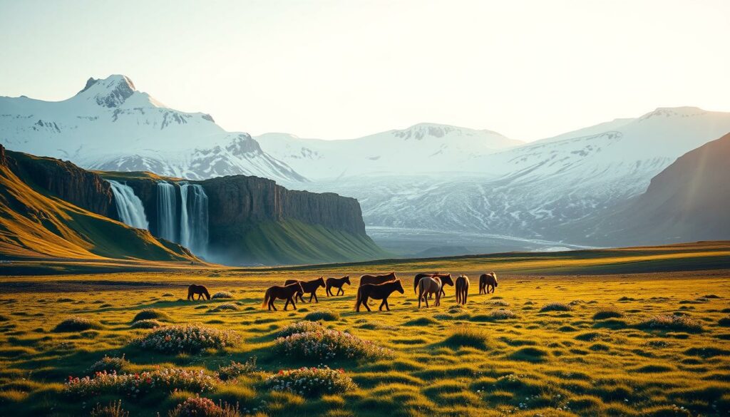 High-resolution, detailed landscape of the top attractions in Vatnajökull National Park, Iceland. A dramatic glacier-capped mountain range fills the background, with powerful waterfalls cascading over rocky cliffs in the middle ground. In the foreground, vibrant green meadows are dotted with colorful wildflowers and wandering herds of Icelandic horses. The scene is bathed in warm, golden sunlight with long shadows cast across the rugged terrain. Crisp, cinematic composition with a wide-angle lens captures the grand, awe-inspiring scale of this pristine natural wonder.