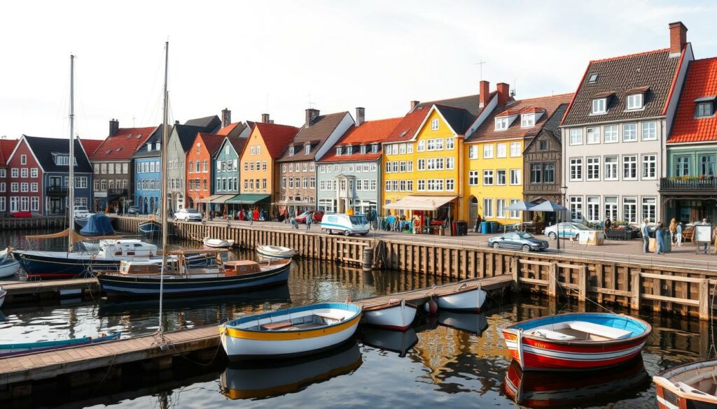 Historischer Hafen von Husum mit bunten Häusern an der Nordsee Historischer Hafen von Husum mit bunten Häusern an der Nordsee