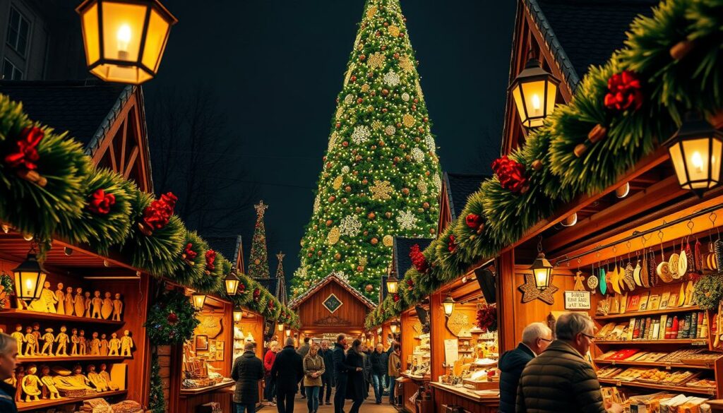 Intricate stalls lining a bustling Christkindlmarkt, offering an array of sustainable wares and local crafts. Carefully curated displays showcase handmade wooden toys, natural fiber accessories, and organic food products. Warm light from festive lanterns casts a cozy glow, inviting visitors to explore the vibrant market. In the background, a towering Christmas tree adorned with twinkling lights sets the scene for a visually captivating and environmentally conscious shopping experience.