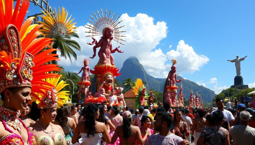 Karneval in Rio de Janeiro: a vibrant celebration of color, music, and revelry. In the foreground, a crowd of costumed dancers sway to the rhythm of samba, their elaborate headdresses and sequined costumes shimmering under the bright, tropical sun. In the middle ground, towering floats adorned with intricate, larger-than-life sculptures and characters parade through the streets, their vibrant hues and dynamic movements captivating the audience. In the background, the iconic Sugarloaf Mountain and Christ the Redeemer statue stand as scenic backdrops, their silhouettes framing the lively festivities. The atmosphere is electric, with a sense of unbridled joy and festive energy permeating the scene.