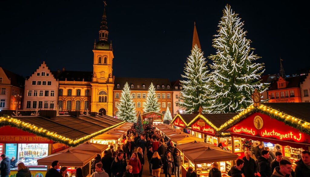 Lichtershows at the Stuttgart Christmas Market: A dazzling display of twinkling lights illuminating the festive scene. In the foreground, rows of vibrant Christmas market stalls, their canopies aglow with warm light. Crowds of visitors wander amid the stalls, their faces lit by the mesmerizing glow. In the middle ground, the historic architecture of the market square stands tall, its facades adorned with delicate holiday decorations. Towering Christmas trees, their branches heavy with twinkling lights, create a magical atmosphere. In the background, the city skyline rises, the night sky dotted with shimmering stars. A wide-angle lens captures the grandeur of the scene, showcasing the captivating Lichtershows that make the Stuttgart Christmas Market a true winter wonderland.