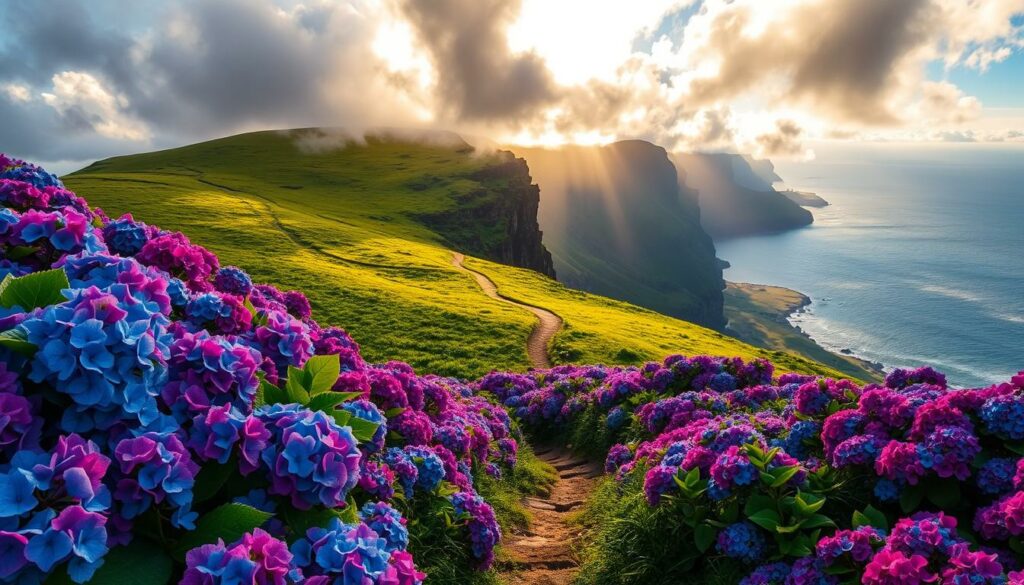 Lush hydrangea flowers in vibrant hues of blue, pink, and purple cascade across a rolling hillside on the Azores islands. Warm, golden sunlight filters through billowing clouds, casting a serene, dreamlike glow over the verdant landscape. In the middle ground, a winding path leads the eye deeper into the frame, inviting the viewer to explore this idyllic natural wonder. The background features towering cliffs and distant ocean vistas, hinting at the diverse geology and geography of the archipelago. A sense of tranquility and harmony pervades the scene, capturing the essence of the Azores as an ideal destination for nature enthusiasts during the optimal travel season.
