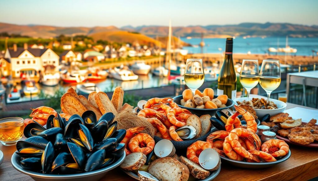 Meeresfrüchte new jersey: a bountiful seafood feast in a coastal setting. In the foreground, a table laden with freshly caught mussels, oysters, and shrimp, accompanied by crusty bread and a crisp white wine. The middle ground features a lively seaside town, with quaint shops and fishing boats bobbing in the harbor. In the background, rolling hills and a hazy blue sky create a serene, picturesque landscape. Warm, golden lighting illuminates the scene, capturing the relaxed, convivial atmosphere of a coastal culinary experience. A sensory delight that embodies the flavors and charm of the region.