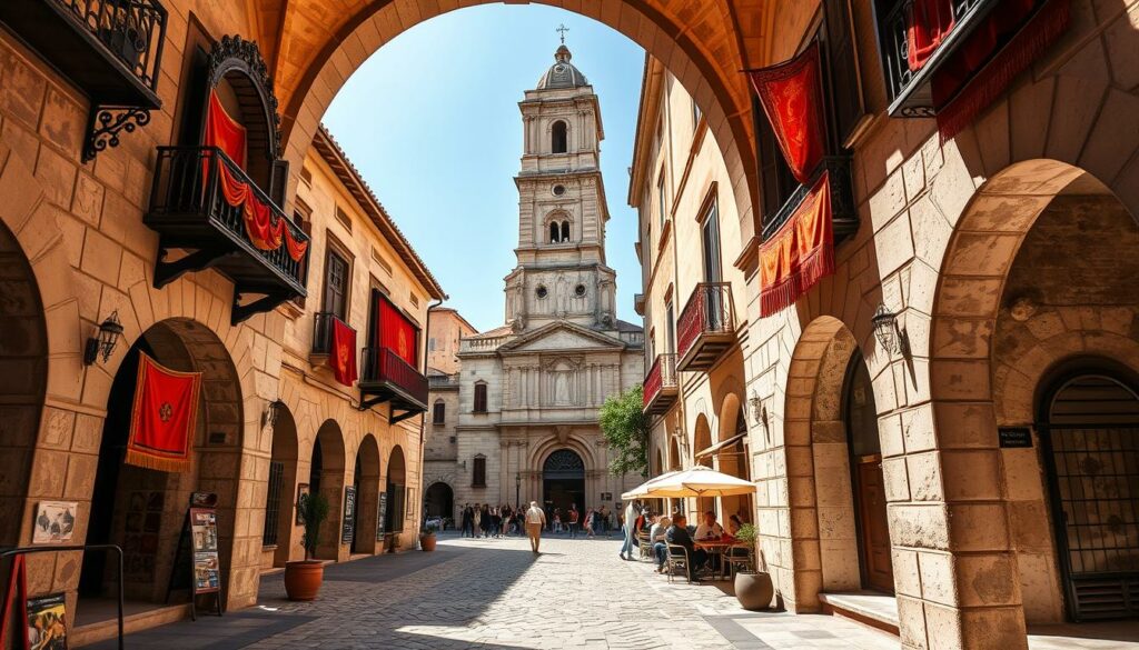 Ornate stone archways frame a sun-dappled courtyard, its cobblestones worn smooth by centuries of footsteps. Vibrant textiles in warm hues of ochre and crimson hang from balconies, casting rich shadows across the scene. In the distance, a towering bell tower rises, its ancient façade adorned with intricate carvings. The air is filled with the aroma of freshly brewed coffee and the lively chatter of locals gathered around sidewalk cafes. This is the essence of Kultur Sardinien - a tapestry of history, tradition, and the enduring spirit of the Mediterranean island.