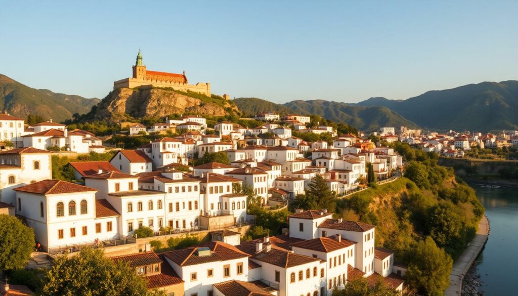 Panoramablick auf Berat, die Stadt der tausend Fenster - eines der schönsten Reiseziele Albanien mit weißen osmanischen Häusern Panoramablick auf Berat, die Stadt der tausend Fenster - eines der schönsten Reiseziele Albanien mit weißen osmanischen Häusern
