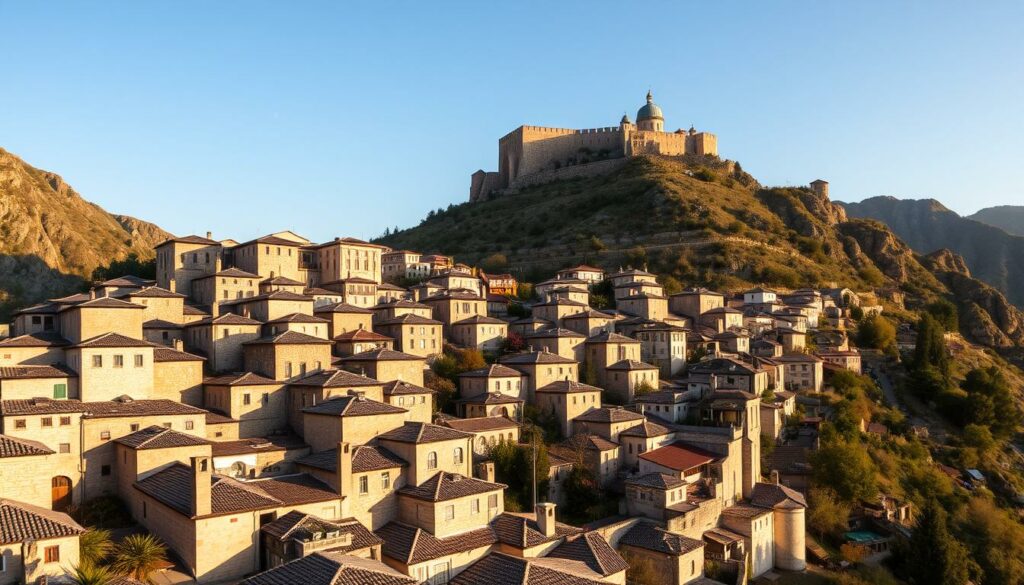 Panoramablick auf die historische Steinstadt Gjirokastra, eines der schönsten Reiseziele Albanien mit charakteristischen Steinhäusern Panoramablick auf die historische Steinstadt Gjirokastra, eines der schönsten Reiseziele Albanien mit charakteristischen Steinhäusern