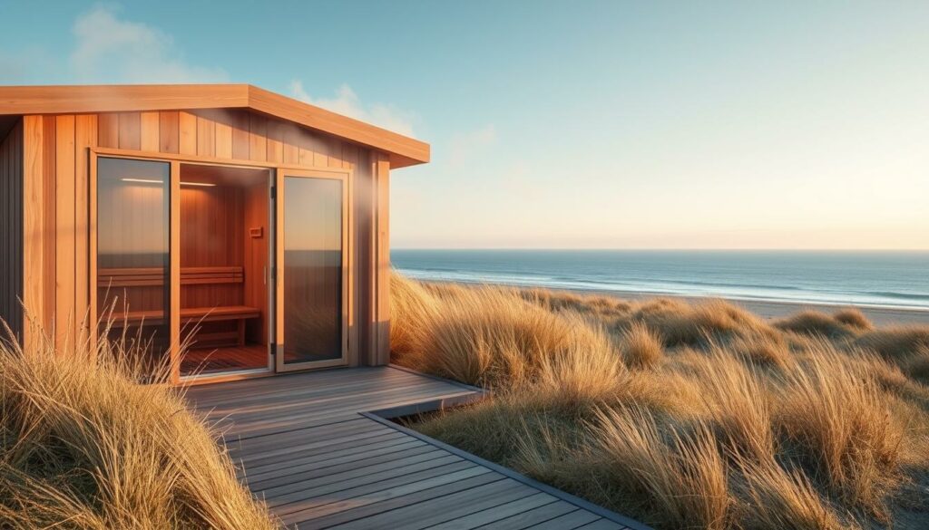 Peaceful seaside wellness retreat on the island of Sylt. A tranquil wooden sauna nestled amidst the windswept dunes, with a panoramic view of the North Sea. Soft, natural lighting filters through the large windows, creating a warm, inviting atmosphere. Wispy trails of steam rise from the sauna, complementing the serene, meditative mood. In the foreground, a wooden deck leads to the sauna's entrance, inviting visitors to step inside and experience true relaxation. The middle ground features the sauna's rustic exterior, blending seamlessly with the surrounding landscape. In the distance, the vast, horizon-spanning expanse of the North Sea gently rolls, completing the calming, rejuvenating scene.