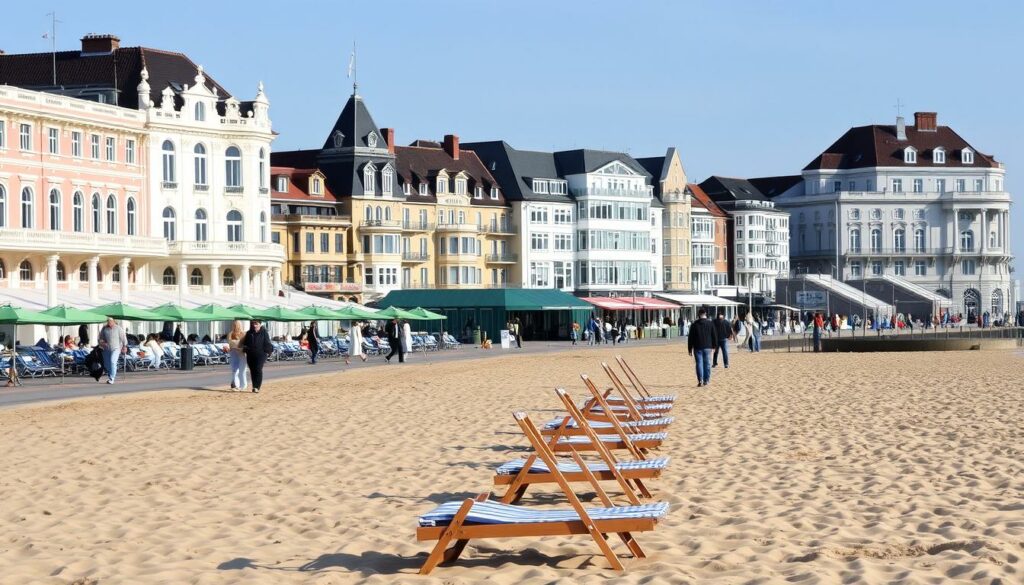 Promenade und Strand von Norderney mit historischen Gebäuden an der Nordsee Promenade und Strand von Norderney mit historischen Gebäuden an der Nordsee