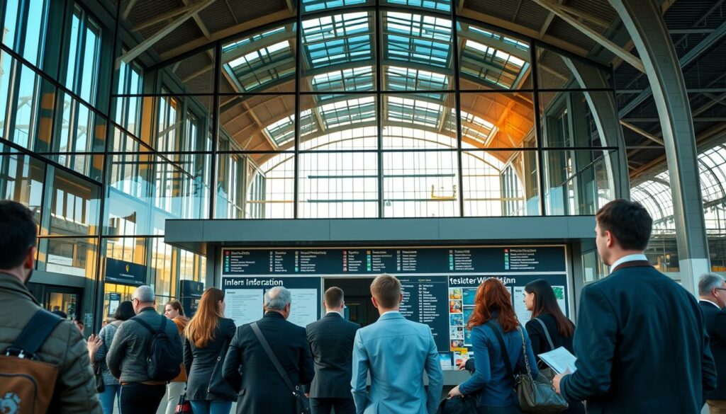 Prompt A bustling information booth at the grand Wien Hbf train station, its modern glass facade bathed in warm afternoon light. Travelers approach the desk, seeking guidance on connections, schedules, and booking options. The station's iconic architecture frames the scene, its clean lines and soaring ceilings creating a sense of open, efficient transit. The information staff, dressed in professional attire, stand ready to assist, their expressions welcoming and helpful. The overall atmosphere is one of organized efficiency, guiding passengers smoothly through their journeys across Austria.