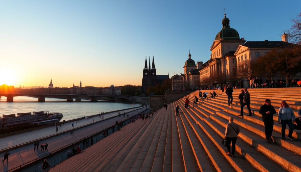 Rheinboulevard Köln mit Treppe und Domblick für Verliebte Rheinboulevard Köln mit Treppe und Domblick für Verliebte