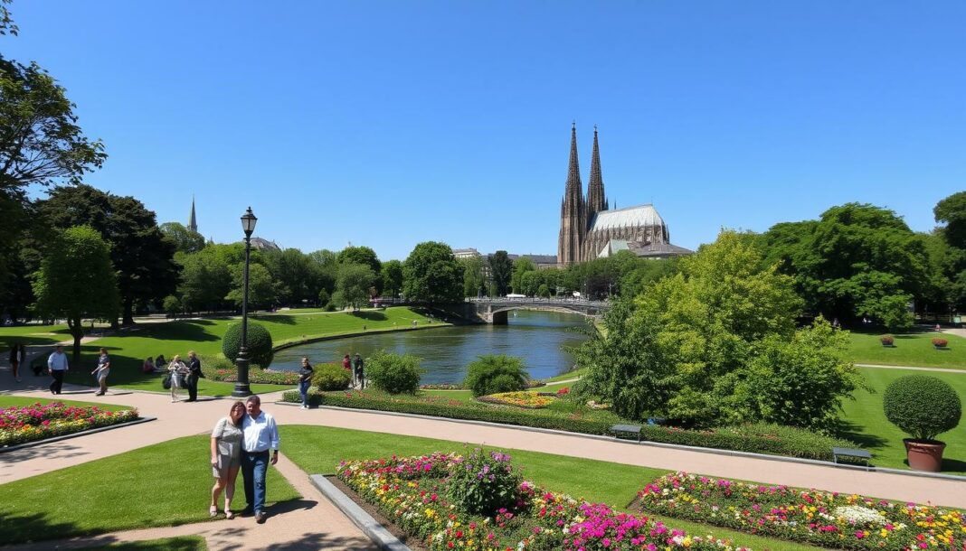 Rheinpark Köln für Verliebte mit Blick auf den Dom und den Rhein