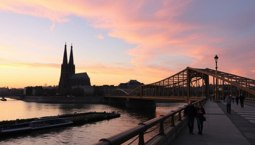 Romantischer Sonnenuntergang über Köln mit Dom und Rhein für Verliebte Romantischer Sonnenuntergang über Köln mit Dom und Rhein für Verliebte