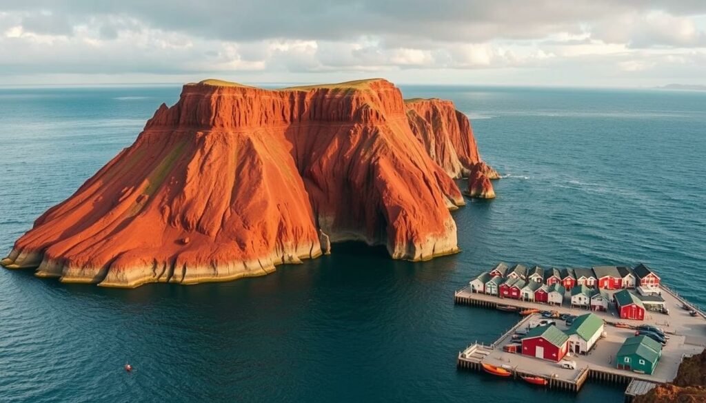 Rote Felsen und bunte Hummerbuden auf Helgoland in der Nordsee Rote Felsen und bunte Hummerbuden auf Helgoland in der Nordsee
