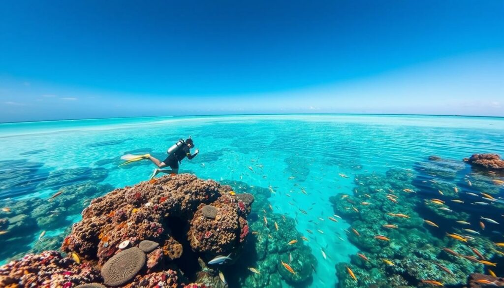 Snorkeling in the Indian Ocean: A vibrant underwater world comes to life in this breathtaking scene. In the foreground, a diver gracefully navigates the crystal-clear turquoise waters, their colorful wetsuit and diving gear contrasting against the vibrant coral reefs and schools of tropical fish that swarm around them. In the middle ground, sunlight dances on the surface, casting a warm glow that illuminates the tranquil seascape. In the distance, the horizon blends the azure sky and the deep, boundless ocean, creating a serene and captivating atmosphere. The image conveys a sense of adventure, awe, and the pure joy of exploring the remarkable marine ecosystem of Zanzibar.