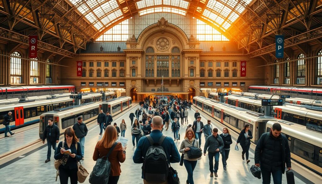 Sprawling Frankfurter Hauptbahnhof, a grand transportation hub with a stunning Neo-Renaissance facade. Bustling commuters navigate through the expansive concourse, their steps echoing on polished marble floors. Warm sunlight streams through towering windows, casting a soft glow on the ornate architectural details. Platforms line the sides, trains of various sizes and colors idling, ready to whisk travelers to their destinations. In the foreground, a group of passengers consult maps and timetables, planning their journeys with an air of anticipation. The scene conveys a sense of efficient mobility and the promise of adventure that awaits those passing through this iconic German station.