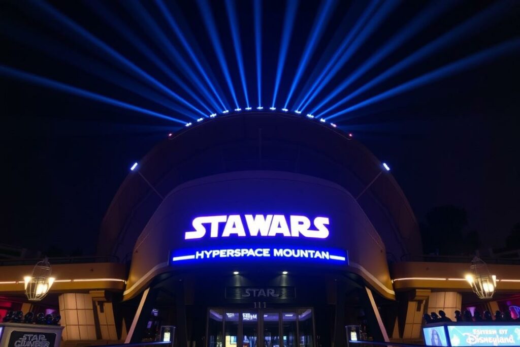 Star Wars Hyperspace Mountain Attraktion bei Nacht Star Wars Hyperspace Mountain Attraktion bei Nacht
