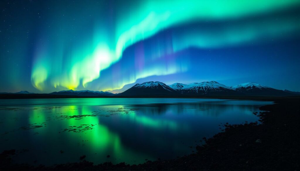 Stunning Aurora Borealis dancing across the night sky over the rugged Icelandic landscape. In the foreground, a serene lake reflects the mesmerizing green and purple hues of the Northern Lights, creating a dreamlike, ethereal atmosphere. The distant mountains loom in the background, their peaks dusted with a light layer of snow. The scene is bathed in a cool, natural lighting, captured with a wide-angle lens to emphasize the vastness and grandeur of this magical natural wonder. The overall mood is one of awe, tranquility, and a deep connection to the untamed forces of nature.