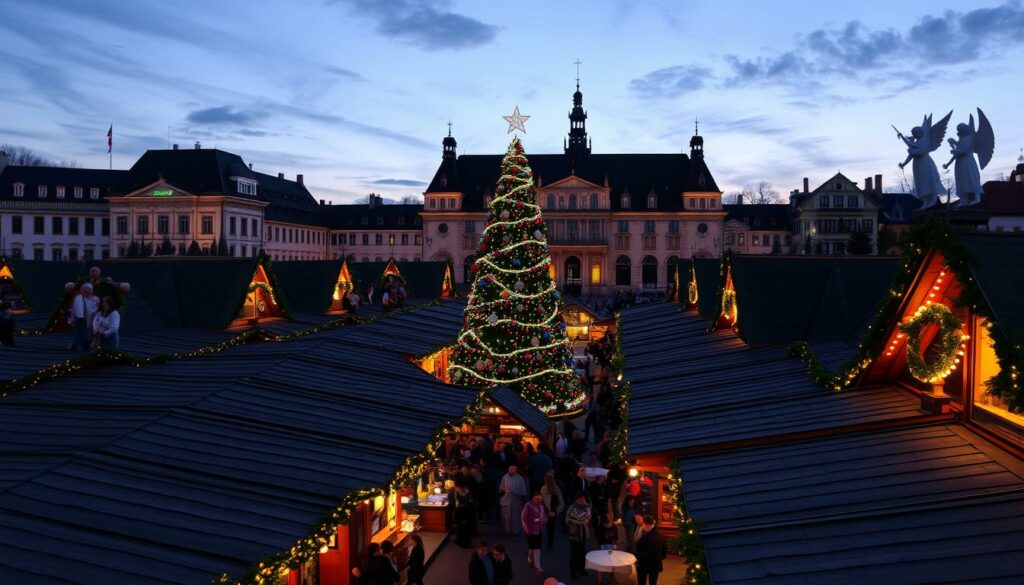 Stuttgarter Weihnachtsmarkt 2025 mit dekorativen Dachfiguren und historischem Schloss Stuttgarter Weihnachtsmarkt 2025 mit dekorativen Dachfiguren und historischem Schloss