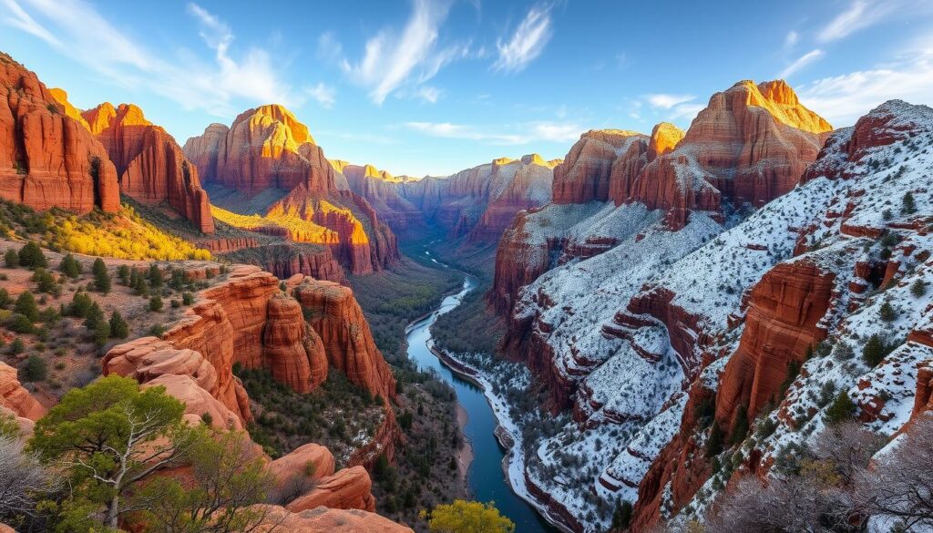 Sweeping vistas of Zion Canyon in each of the four seasons, showcasing the breathtaking geological formations and vibrant palette of colors. In spring, verdant foliage and blooming wildflowers adorn the towering sandstone cliffs. Summer brings a warm, golden glow illuminating the rugged, sculpted terrain. Autumn paints the landscape in a tapestry of russet, amber, and ochre hues. Winter transforms the canyon into a serene, snow-dusted wonderland, with the iconic Virgin River winding through the frozen landscape. Capture the essence of this magnificent national park through the cyclical changes of nature, inviting viewers to experience the ideal time to visit.
