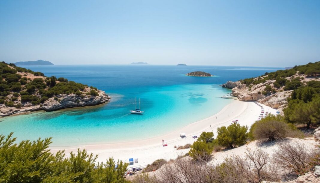 Traumhafter Strand in Ksamil mit türkisblauem Wasser und weißem Sand - eines der schönsten Reiseziele Albanien