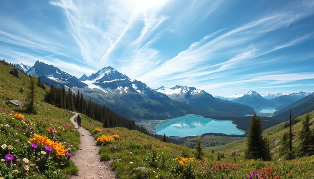 Wanderwege im Glacier National Park: A panoramic landscape capturing the serene beauty of hiking trails winding through the majestic glaciers and alpine meadows of this pristine American wilderness. The foreground features a well-marked trail leading hikers past vibrant wildflowers and lush green foliage. In the middle ground, rugged snow-capped peaks tower above crystalline glacial lakes, their reflections mirroring the dramatic mountain vistas. The background is dominated by a brilliant blue sky with wispy clouds, creating a tranquil, awe-inspiring atmosphere. Soft, diffused natural lighting illuminates the scene, accentuating the textures and colors of the natural elements. This idyllic image perfectly captures the essence of outdoor exploration and adventure in Glacier National Park.