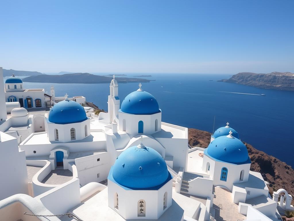 Weißes Dorf auf Santorini mit Blick aufs Meer - perfekt für Last Minute Urlaub