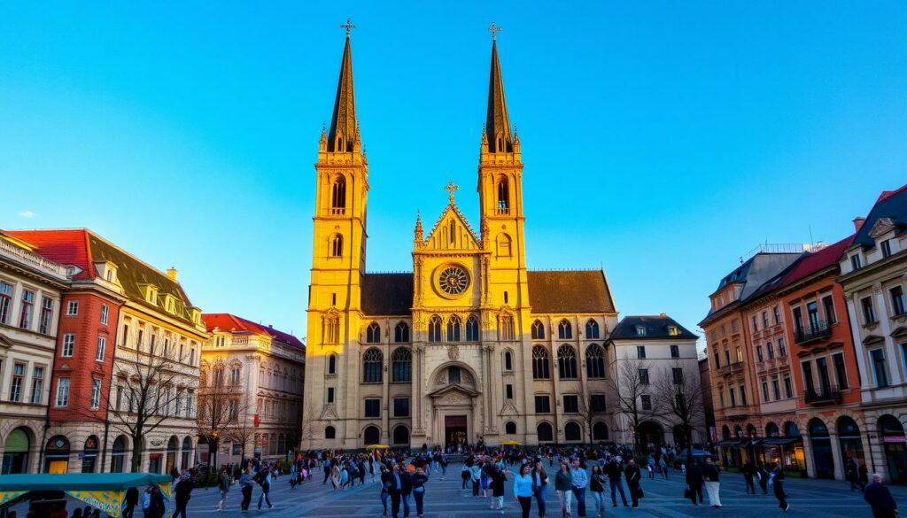 Zagreber Kathedrale, an awe-inspiring Gothic masterpiece towering over the historic city of Zagreb. A monumental structure of grand spires and intricate stonework, bathed in warm, golden light that illuminates its detailed facades. The cathedral's twin bell towers stand as sentinels, guarding the bustling square below, where locals and visitors mingle amidst the vibrant energy of the city. Capture the majestic presence of this iconic landmark, its soaring architecture and the vibrant atmosphere that surrounds it, creating a captivating visual representation of Zagreb's top sights.