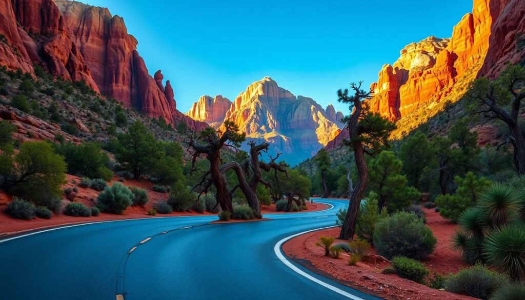 Zion Canyon Scenic Drive, a majestic winding road through towering sandstone cliffs and lush, verdant foliage. In the foreground, the smooth, twisting asphalt cuts through the landscape, framed by dramatic, rust-colored rock formations that rise up on either side. The middle ground features a mix of hardy desert shrubs and ancient, twisted juniper trees, casting long shadows across the road. In the distance, the imposing, angular peaks of the Zion mountains pierce the bright, azure sky, illuminated by the warm, golden glow of the afternoon sun. The overall scene exudes a sense of awe-inspiring natural beauty, drawing the viewer into the serene and captivating heart of Zion National Park.