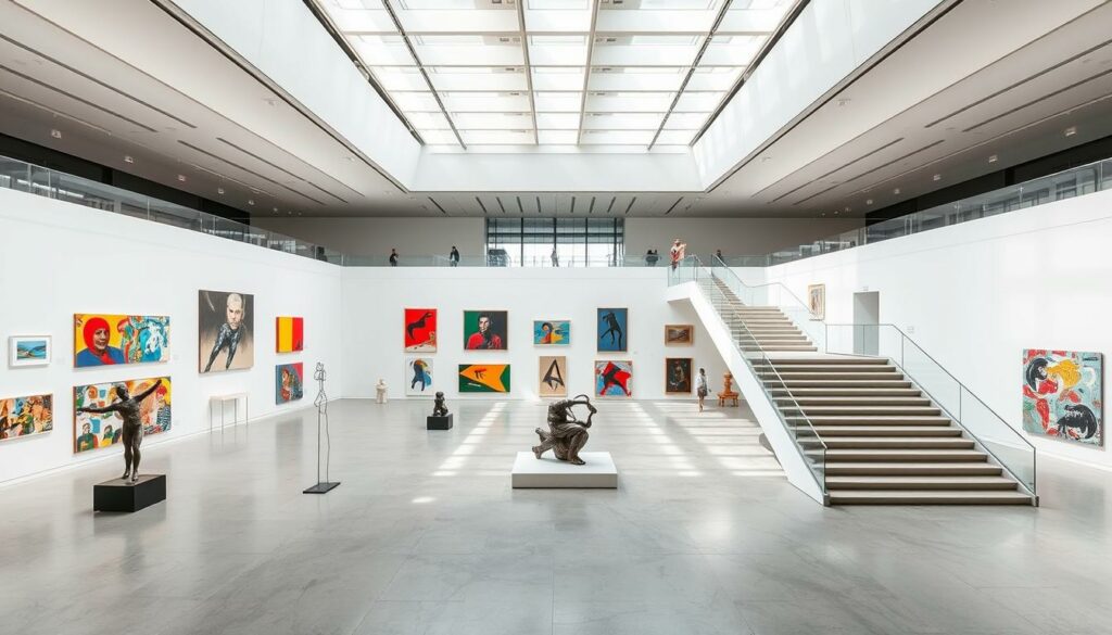 a sprawling contemporary art museum in the heart of Naples, Italy, featuring a striking modern facade and a vast atrium filled with natural light. the interior showcases an extensive collection of cutting-edge paintings, sculptures, and multimedia installations by renowned italian and international artists. the galleries have a sleek, minimalist aesthetic, with white walls and polished concrete floors that allow the bold, colorful artworks to take center stage. the museum's dramatic architectural elements, such as the sweeping staircases and towering ceilings, create a sense of grandeur and invite visitors to explore the space. the overall atmosphere is one of innovation, creativity, and cultural vibrancy, reflecting the dynamic contemporary art scene in Naples.