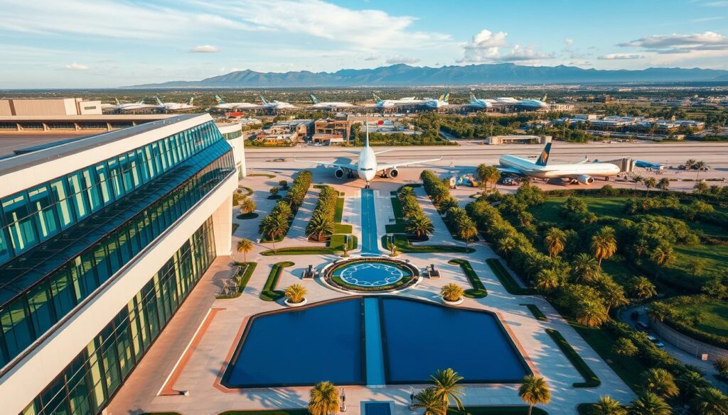 A breathtaking aerial view of the world's top 10 most beautiful international airports, showcasing their architectural grandeur and stunning landscapes. The foreground features the sleek silhouettes of modern terminal buildings with floor-to-ceiling windows reflecting the azure skies. In the middle ground, lush greenery and tranquil water features create a serene ambiance, while the background boasts majestic mountain ranges or coastal vistas, depending on the airport's location. Warm, diffused lighting illuminates the scene, creating a sense of elegance and sophistication. The image is captured with a wide-angle lens to emphasize the scale and scope of these iconic aviation hubs, inviting the viewer to imagine the thrilling journeys that unfold within their walls.