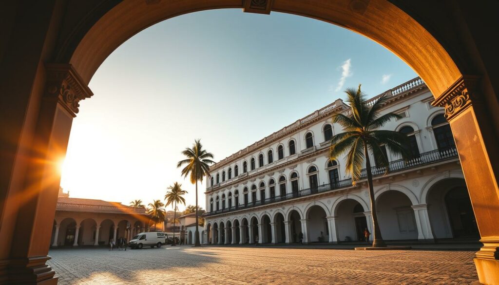 A breathtaking colonial architecture in the heart of the capital city, bathed in warm golden light. In the foreground, a grand archway frames the scene, its intricate carvings and ornate details casting long shadows across the cobblestone plaza. Beyond, a magnificent multi-story building stands tall, its whitewashed walls adorned with elegant arched windows and decorative balconies. Towering palm trees sway gently in the background, their fronds casting a dappled pattern of light and shadow across the scene. The atmosphere is one of timeless elegance and historical grandeur, inviting the viewer to step back in time and immerse themselves in the cultural heritage of this captivating island paradise.