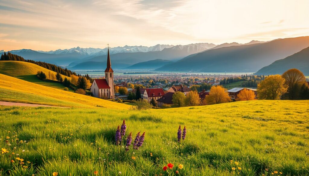 A breathtaking panoramic view of the Hungarian countryside during the changing seasons. In the foreground, lush green meadows dotted with vibrant wildflowers, framed by the gentle rolling hills. In the middle ground, a quaint Hungarian village with charming red-roofed houses and a towering church steeple, bathed in warm, golden sunlight. In the distance, a range of majestic, snow-capped mountains create a striking backdrop, their peaks piercing the azure sky. The scene is illuminated by soft, diffused lighting, capturing the tranquil and serene atmosphere of the perfect time to visit Hungary.