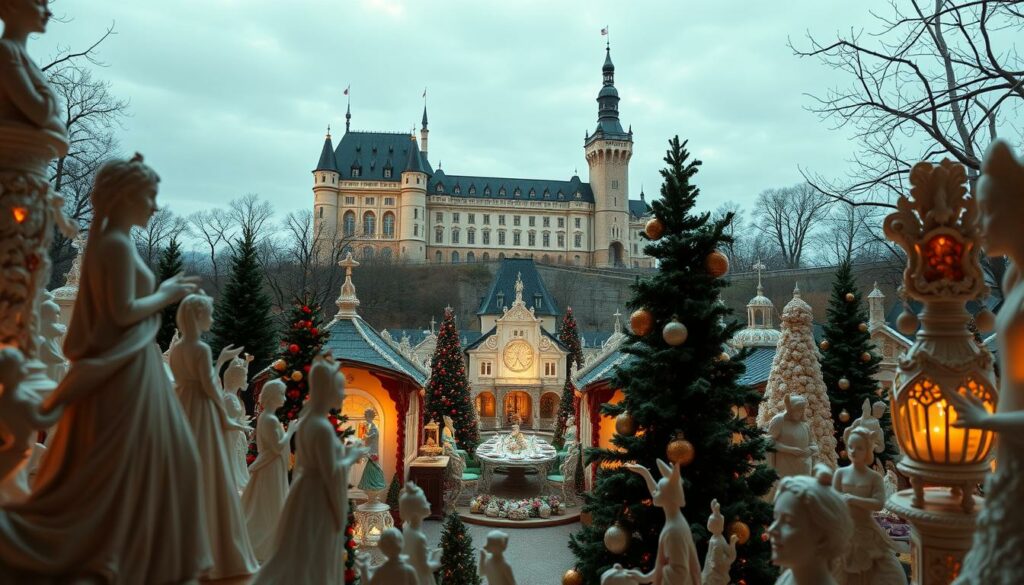 A breathtaking porcelain wonderland set against the enchanting backdrop of the Leuchtenburg castle. In the foreground, intricate handcrafted porcelain figurines and sculptures capture the imagination, their delicate details illuminated by warm, golden lighting. The middle ground reveals a whimsical display of porcelain Christmas ornaments and tableware, inviting visitors to explore this captivating world. In the distance, the majestic Leuchtenburg castle towers above, its stately presence adding a sense of grandeur and history to the scene. The overall atmosphere is one of wonder, elegance, and the celebration of artisanal craftsmanship, creating a truly unique and immersive experience for all who visit the Porzellanwelten Leuchtenburg.