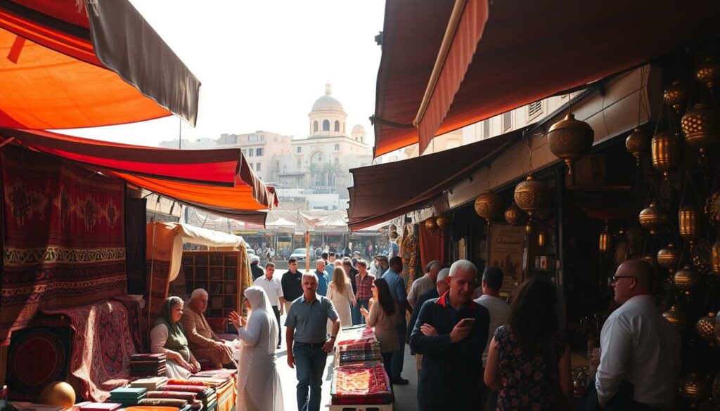 A bustling Algerian marketplace, sunlight filtering through vibrant fabric awnings. In the foreground, local artisans showcase their handcrafted wares - intricate rugs, embroidered textiles, and gleaming brass trinkets. The middle ground teems with shoppers haggling animatedly, the air alive with the scent of spices and the melodic chatter of Arabic. In the background, the iconic architecture of Algiers' old city rises, its domed roofs and whitewashed walls casting long shadows across the scene. A warm, energetic atmosphere infuses the entire tableau, capturing the essence of Algerian culture and daily life.