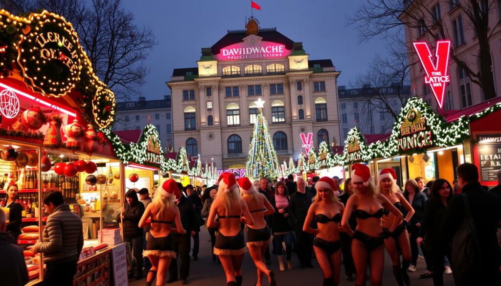 A bustling Christmas market in the heart of the red-light district of Hamburg, Santa Pauli is a vibrant celebration of the season with a touch of frivolité. Neon lights cast a warm glow over the crowd as they browse an array of risqué trinkets and adult-themed ornaments. In the foreground, a troupe of dancing Santas in revealing costumes entertain the onlookers. The middle ground features an array of colorful booths selling mulled wine, sausages, and other traditional fare, while the background is dominated by the iconic Davidwache police station, its facade adorned with twinkling lights. The atmosphere is one of unapologetic revelry, where the traditional and the unconventional intertwine to create a truly unique Christmas experience.