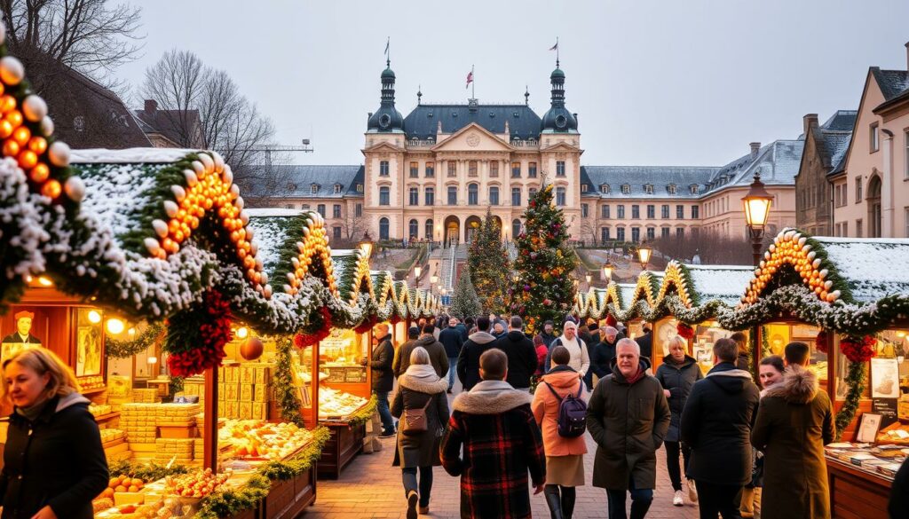 A bustling Christmas market in the historic town square of Schwetzingen, Germany. In the foreground, stalls overflowing with handcrafted wares, warm mulled wine, and roasted chestnuts create a festive atmosphere. In the middle ground, visitors bundled in winter coats and scarves stroll past twinkling lights and decorated Christmas trees. The grand Schwetzingen Palace rises majestically in the background, its regal architecture and manicured gardens a picturesque backdrop. Soft, warm lighting from the market stalls and streetlamps cast a golden glow, while a light dusting of snow adds a touch of enchantment. This idyllic scene captures the essence of the Schwetzingen Christmas market, inviting visitors to immerse themselves in the holiday spirit.