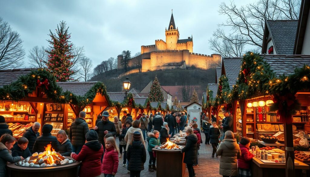 A bustling Christmas market set against the backdrop of Fortress Königstein, with families gathered around cozy outdoor stalls. In the foreground, children delight in festive activities - roasting marshmallows over crackling fire pits, decorating gingerbread cookies, and playing traditional German games. The middle ground features artisanal vendors selling handcrafted ornaments, mulled wine, and local delicacies, as parents browse the stalls. In the distance, the grand, historic fortress towers above, illuminated by warm, golden lighting that casts a magical glow across the scene. The overall atmosphere is one of joyful togetherness, as the community celebrates the holiday season in a picturesque, family-friendly setting.