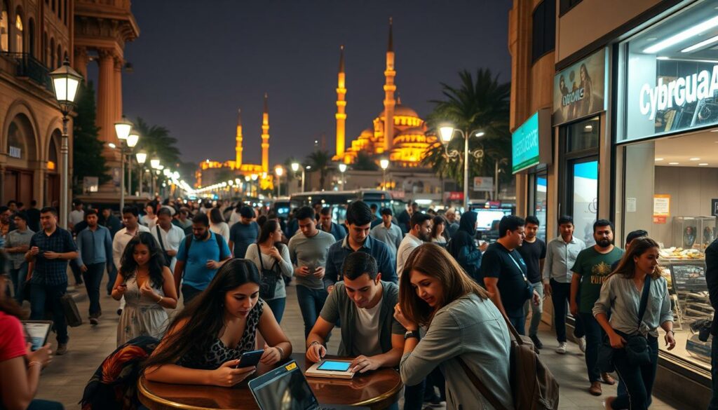 A bustling Egyptian city street, with people of diverse backgrounds hurrying along the sidewalks, their faces illuminated by the warm glow of streetlamps. In the foreground, a group of young adults gather around a table, their smartphones and laptops open as they engage in lively digital communication. The middle ground features a cybercafé, its windows displaying the vibrant activity within as patrons access the internet. In the background, the silhouettes of towering minarets and ancient architecture hint at the rich cultural heritage of the region, contrasting with the modern technology and connectivity that permeates the scene. The overall mood is one of a dynamic, interconnected community, where the ancient and the modern coexist in a harmonious balance.