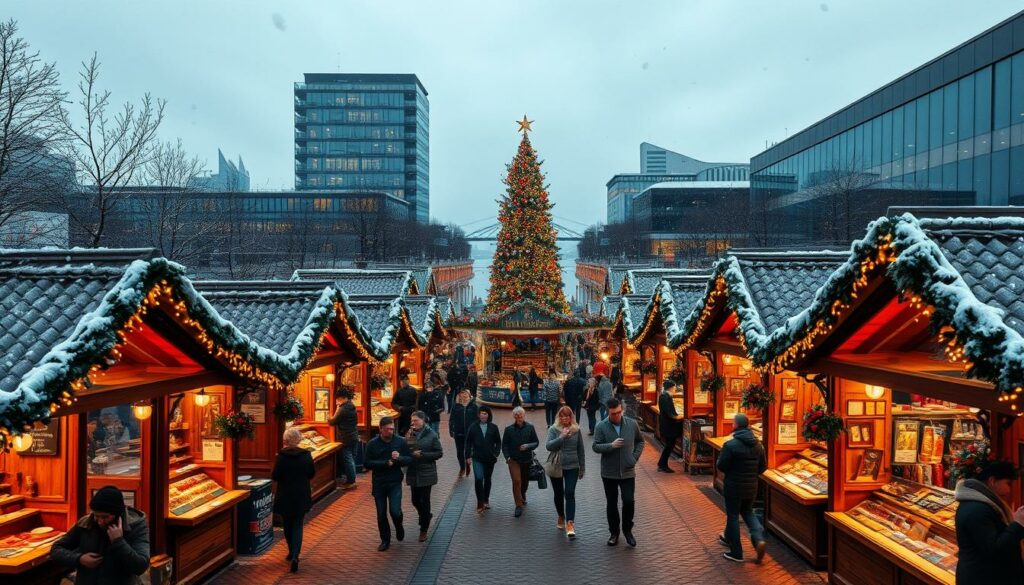 A bustling Weihnachtsmarkt (Christmas market) set against the modern, sleek backdrop of Hamburg's Hafencity. Rows of wooden vendor stalls adorned with twinkling lights and festive decorations, selling traditional German crafts, mulled wine, and roasted chestnuts. In the center, a towering Christmas tree stands majestically, its branches heavy with ornaments. Couples and families wander the cobblestone walkways, sipping hot beverages and admiring the gleaming Elbe River in the distance. Soft snowflakes drift through the air, adding to the enchanting, winter wonderland atmosphere. Warm lighting casts a cozy glow, with a modern, contemporary twist befitting the Hafencity setting.