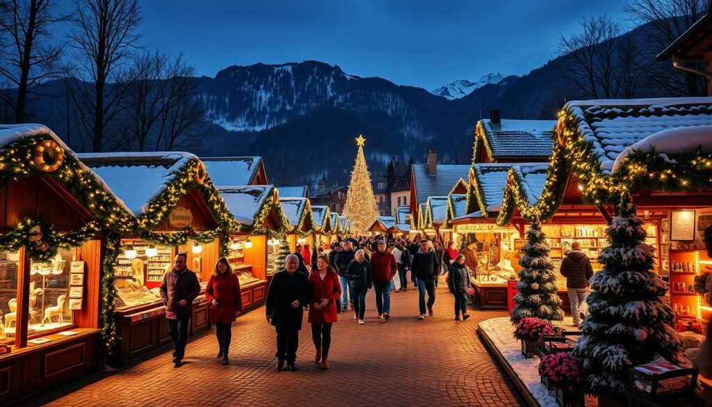 A bustling Weihnachtsmarkt nestled along the tranquil shores of Lake Tegernsee, set against the majestic backdrop of the Bavarian Alps. Rows of quaint wooden stalls adorned with twinkling lights and festive garlands, offering an array of handcrafted local goods, steaming mulled wine, and the tantalizing scent of freshly baked gingerbread. Families stroll the charming cobblestone paths, admiring the intricate ice sculptures and nativity scenes while children delight in the vintage carousel and festive live music. Crisp winter air, the glow of lanterns, and a cozy atmosphere that captures the essence of a traditional German Christmas market in an idyllic alpine setting.
