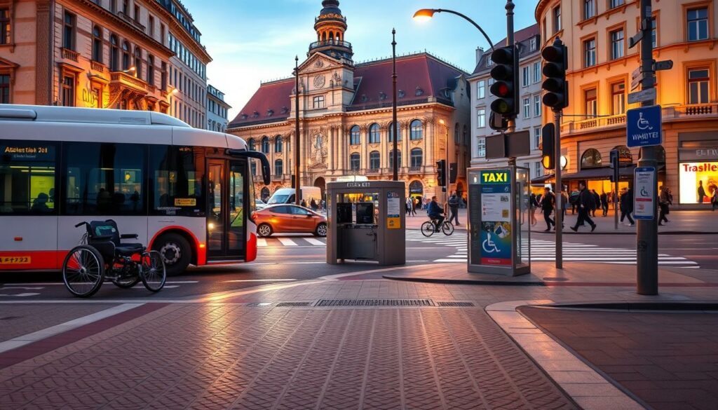 A bustling city intersection in Munich, Germany, showcasing accessible transportation options. In the foreground, a modern wheelchair-friendly bus and a tactile paving path lead the way. Midground features a taxi stand with a clearly marked accessible entrance, and pedestrian crossings with audible signals. The background depicts the historic architecture of the city, illuminated by warm, natural lighting. The scene conveys a sense of inclusive urban mobility, where diverse needs are seamlessly accommodated, allowing all to experience the cultural wonders of Munich.