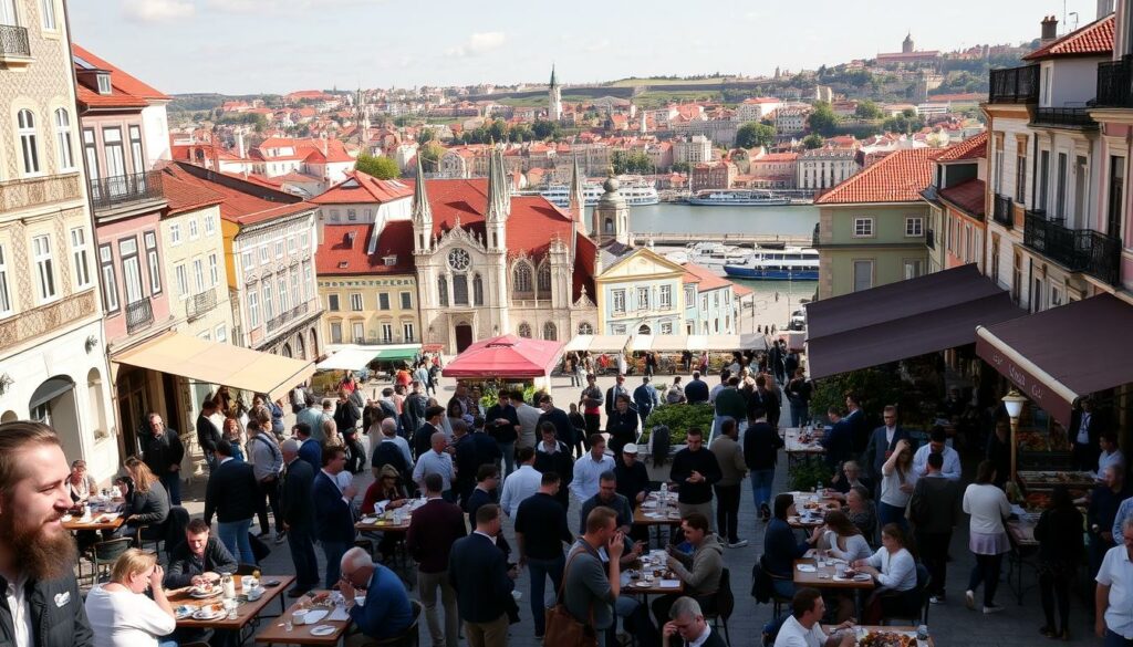 A bustling city square in Porto, bathed in the warm glow of a March sun. In the foreground, locals and tourists mingle, sipping coffee and conversing animatedly at outdoor cafes. The middle ground features colorful tiled facades, ornate church spires, and vendors peddling fresh produce and artisanal goods. In the background, the Douro River winds its way, with boats gently bobbing on the water. The atmosphere is one of vibrant energy, as people explore the historic city's charming alleyways and plazas, taking in the sights, sounds, and flavors of this vibrant destination in early spring. A bustling city square in Porto, bathed in the warm glow of a March sun. In the foreground, locals and tourists mingle, sipping coffee and conversing animatedly at outdoor cafes. The middle ground features colorful tiled facades, ornate church spires, and vendors peddling fresh produce and artisanal goods. In the background, the Douro River winds its way, with boats gently bobbing on the water. The atmosphere is one of vibrant energy, as people explore the historic city's charming alleyways and plazas, taking in the sights, sounds, and flavors of this vibrant destination in early spring.