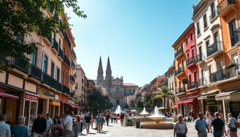 A bustling city street in Spain, dappled sunlight filtering through the towering buildings. In the foreground, locals and tourists mingle, strolling past colorful storefronts and cafes. A picturesque plaza comes into view, its historic architecture and fountains creating a timeless ambiance. In the distance, the silhouette of a grand cathedral rises, its spires reaching towards the azure sky. The scene is alive with the sights, sounds, and vibrant energy of a quintessential Spanish city, inviting the viewer to immerse themselves in the rich cultural tapestry of this enchanting destination.