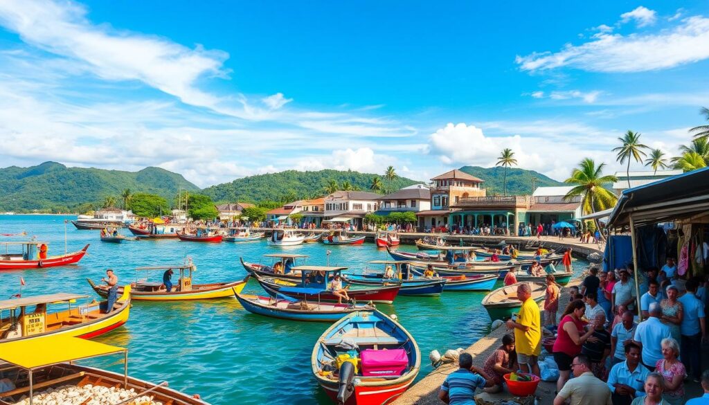 A bustling harbor scene in Nathon, Koh Samui's charming seaside town. Vibrant fishing boats and traditional long-tail vessels dot the turquoise waters, their colorful hulls reflecting the warm island sunlight. In the foreground, a lively fish market overflows with locally caught seafood, while vendors and shoppers haggle animatedly. Looming in the middle ground, a row of quaint shophouses and colonial-era buildings line the quayside, their faded facades hinting at the island's storied past. In the distance, verdant hills and palm trees frame the scene, creating a picturesque backdrop for this authentic slice of Koh Samui life.