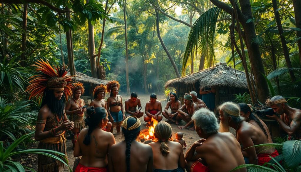 A bustling indigenous village nestled in the lush Amazonian rainforest. In the foreground, a group of vibrant tribespeople engage in traditional crafts and ceremonies, their intricate body paint and ornate headdresses reflecting the rich cultural heritage of the region. The middle ground reveals a gathering of elders sharing stories and wisdom around a central fire, the flickering flames casting warm, golden light on their weathered faces. In the background, the dense canopy of towering trees filters dappled sunlight, creating an ethereal atmosphere that envelops the entire scene. The overall mood is one of reverence, community, and a deep connection to the natural world.