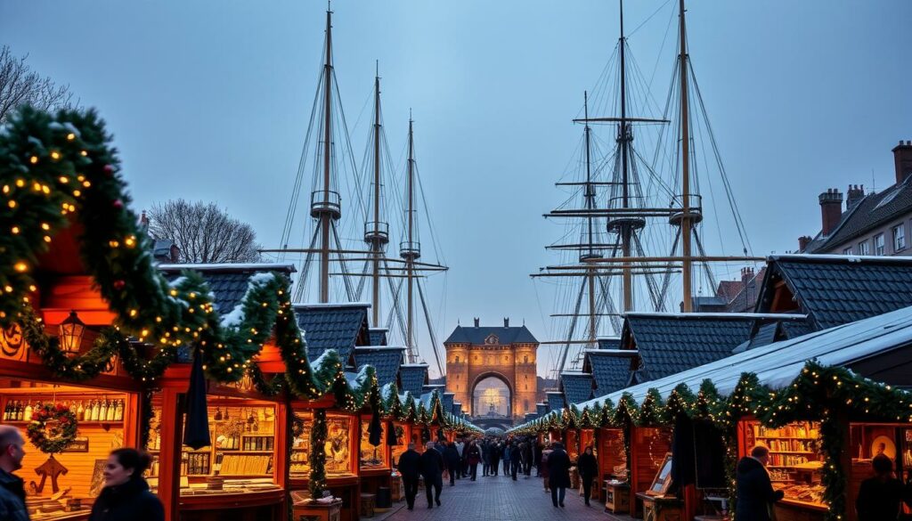 A bustling maritime Christmas market unfolds at the picturesque Koberg in Lübeck. In the foreground, wooden stalls adorned with twinkling lights and garlands offer an array of handcrafted ornaments, steaming mulled wine, and freshly baked gingerbread. Towering masts of historic ships in the middle ground create a charming nautical backdrop, while the distant Holstentor gate stands as a iconic architectural landmark against a softly lit winter sky. The scene is infused with the cozy atmosphere of the Advent season, inviting visitors to immerse themselves in the enchanting blend of tradition and maritime heritage.