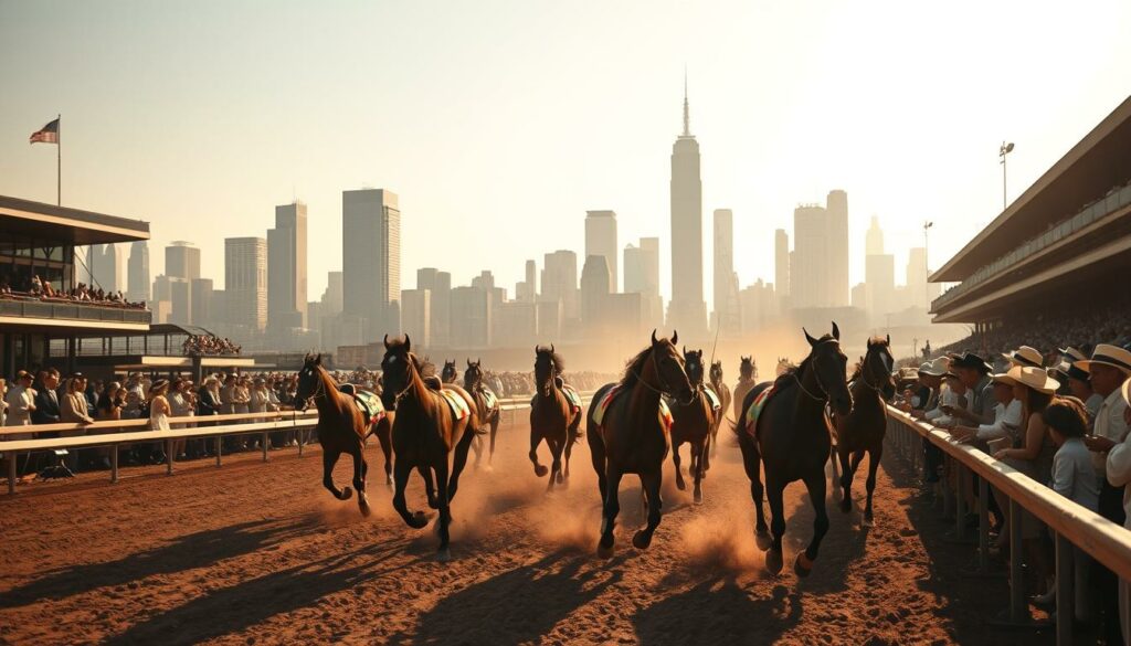 A bustling scene of a horse race in 1920s New York City, captured with an antique photographic lens. In the foreground, sleek thoroughbreds thunder down the dirt track, their powerful muscles rippling. Spectators line the grandstand, dressed in their finest attire, their faces alight with excitement. The middle ground reveals the iconic skyline of Manhattan, its towering skyscrapers casting long shadows over the racetrack. The background is bathed in warm, golden light, evoking the vibrant energy and prosperity of the Roaring Twenties. This image encapsulates the allure of the "Big Apple" and the thrilling spectacle of horse racing that captivated the city during this era.