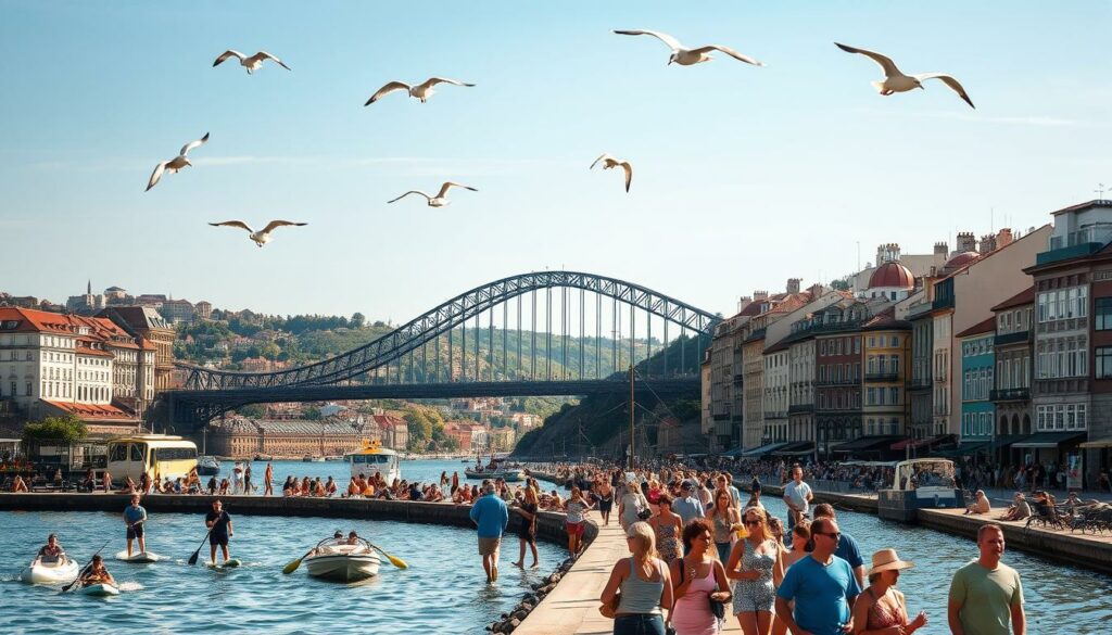 A bustling summer day in the charming city of Porto, Portugal. In the foreground, people stroll along the picturesque riverfront, soaking up the warm sunshine and enjoying outdoor activities such as boating, paddleboarding, and dining at waterfront cafes. The middle ground features the iconic Dom Luís I Bridge, its stunning iron arch spanning the Douro River, with historic buildings and narrow streets in the background. The scene is bathed in a golden, soft lighting, creating a vibrant, relaxed atmosphere. Seagulls soar overhead, adding to the lively, seaside ambiance. The overall composition captures the essence of summer in this vibrant, Portuguese city. A bustling summer day in the charming city of Porto, Portugal. In the foreground, people stroll along the picturesque riverfront, soaking up the warm sunshine and enjoying outdoor activities such as boating, paddleboarding, and dining at waterfront cafes. The middle ground features the iconic Dom Luís I Bridge, its stunning iron arch spanning the Douro River, with historic buildings and narrow streets in the background. The scene is bathed in a golden, soft lighting, creating a vibrant, relaxed atmosphere. Seagulls soar overhead, adding to the lively, seaside ambiance. The overall composition captures the essence of summer in this vibrant, Portuguese city.